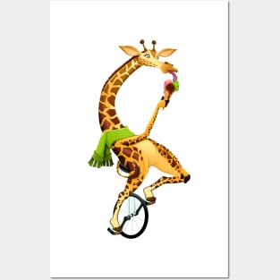 Funny giraffe on an unicycle Posters and Art